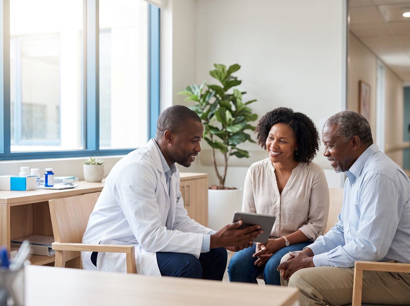 A specialist reviewing options with a patient and family